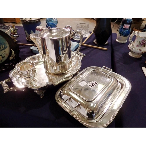 1274 - Four pieces of silver plated and white metal including a coffee pot, Viners small urn and an Indian ... 