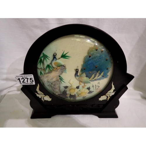 1275 - Oriental mother of pearl peacocks in domed glass, housed in wooden frame. UK P&P Group 3 (£30+VAT fo... 