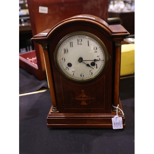 268 - Inlaid walnut chiming mantel clock (pendulum absent). Not available for in-house P&P