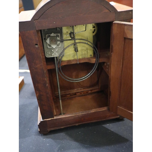 268 - Inlaid walnut chiming mantel clock (pendulum absent). Not available for in-house P&P