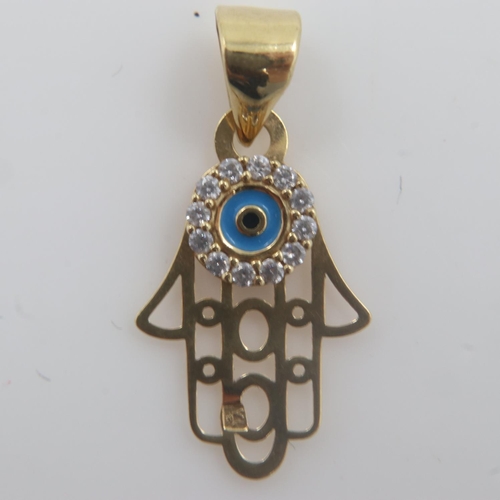 14 - 18ct gold enamel and cubic zirconia Hamza Hand Evil Eye pendant, 0.8g. UK P&P Group 0 (£6+VAT for th... 