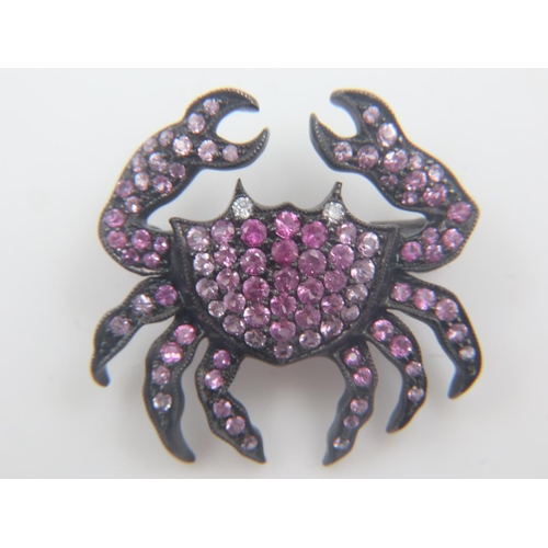 16 - 18ct gold pink sapphire and diamond pendant/brooch in the form of a crab, black oxidized finish, L: ... 