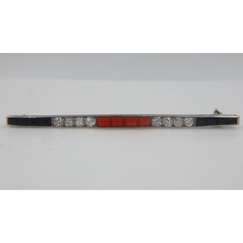 36 - Art Deco period platinum, coral and old cut diamond onyx bar brooch, 4.1g, L: 60 mm, unmarked. UK P&... 