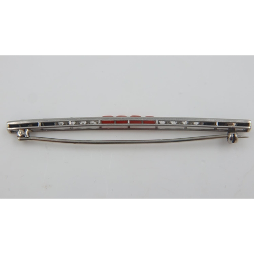 36 - Art Deco period platinum, coral and old cut diamond onyx bar brooch, 4.1g, L: 60 mm, unmarked. UK P&... 