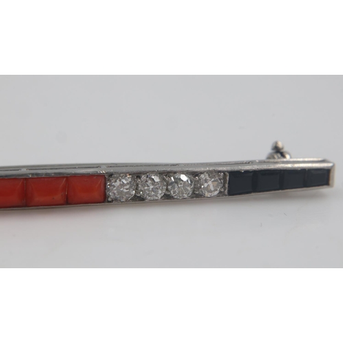 36 - Art Deco period platinum, coral and old cut diamond onyx bar brooch, 4.1g, L: 60 mm, unmarked. UK P&... 