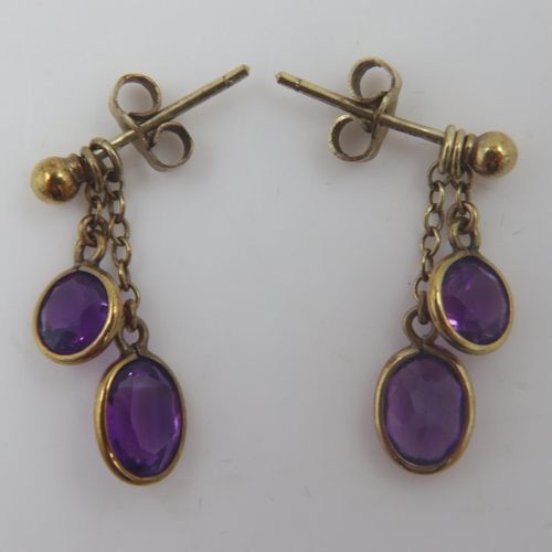 39 - 9ct gold amethyst set drop earrings, 2.2g. UK P&P Group 0 (£6+VAT for the first lot and £1+VAT for s... 