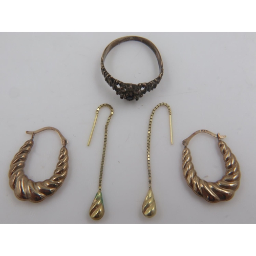 42 - Two pairs of 9ct gold earrings and a stone-set sterling silver ring, weight of the earrings 1.3g. UK... 