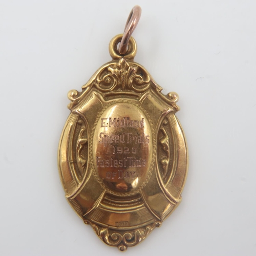 45 - 9ct gold fob pendant, awarded for Speed Trials Fastest Time 1920, 7.6g. UK P&P Group 0 (£6+VAT for t... 