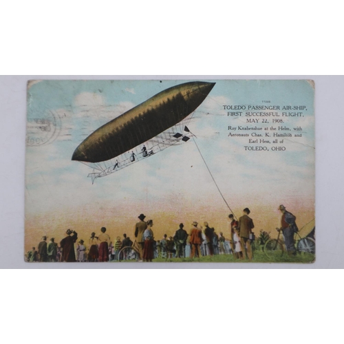 111 - 1908 USA postcard of the Toledo First Passenger Airship Flight, pilot Ralph Knabenshue, September 19... 