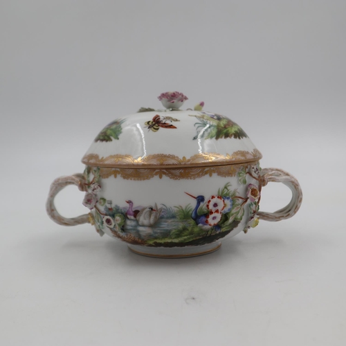 162 - Dresden twin handled, floral encrusted lidded pot, H: 12cm. Minor petal losses otherwise good. UK P&... 