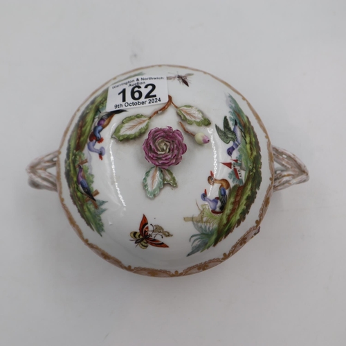 162 - Dresden twin handled, floral encrusted lidded pot, H: 12cm. Minor petal losses otherwise good. UK P&... 