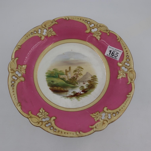 165 - 19th century large comport, decorated in pink and cream with a waterside scene. H: 19cm.  Some minor... 