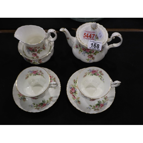 168 - Royal Albert tea-for-two set in the Moss Rose pattern, seven pieces. Not available for in-house P&P