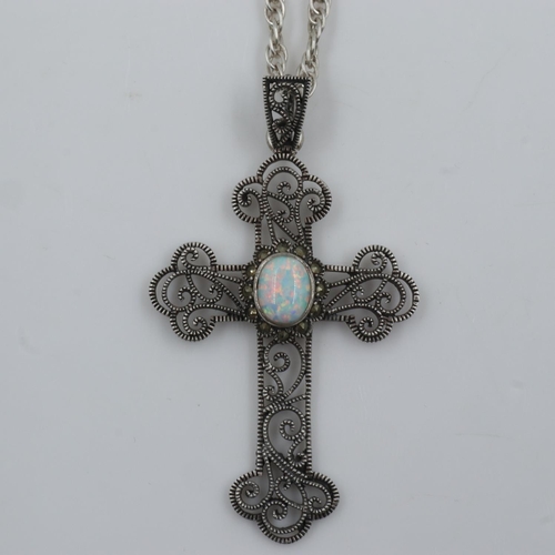 51 - 925 silver and opal pendant necklace, pendant H: 60 mm. UK P&P Group 0 (£6+VAT for the first lot and... 