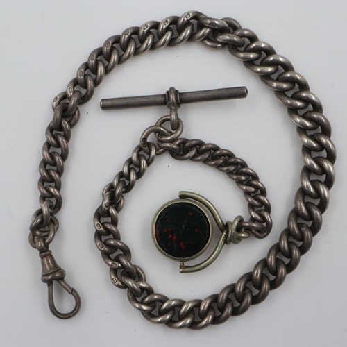 52 - Hallmarked silver graduated watch chain, with clip T-bar with agate and bloodstone silver-plated spi... 