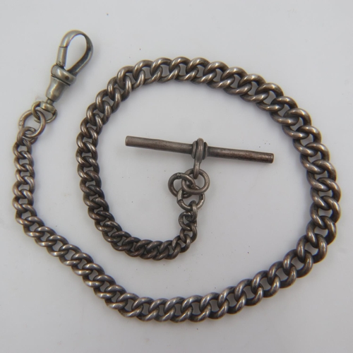 53 - Silver graduated watch chain with silver-plated clip and T-bar, L: 30cm, 28g. UK P&P Group 1 (£16+VA... 