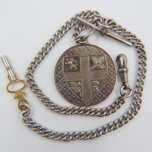 54 - Silver plated double Albert watch chain with a large medallic fob. UK P&P Group 1 (£16+VAT for the f... 