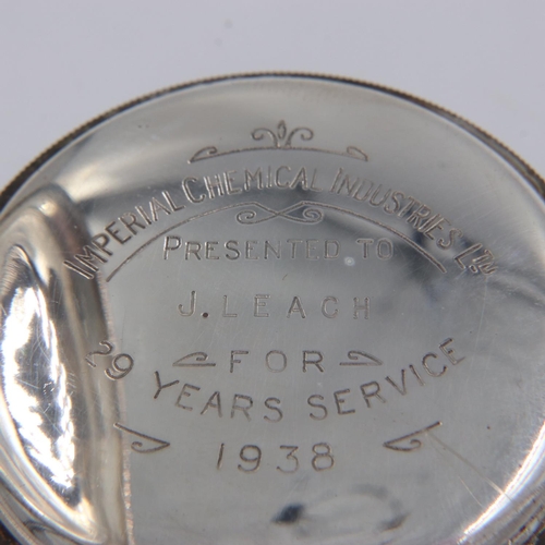 56 - Hallmarked silver Buren pocket watch with 1938 ICI inscription. UK P&P Group 1 (£16+VAT for the firs... 