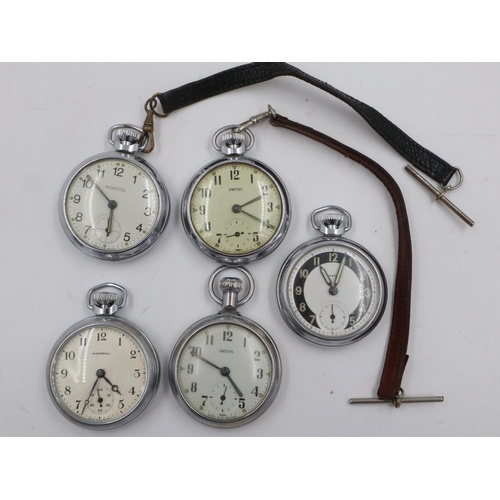 59 - Five mechanical pocket watches, comprising three Ingersoll and two Smiths, two have leather T-bar st... 