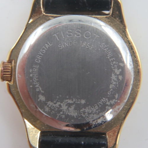 64 - Tissot: ladies gold plated PR50 quartz wristwatch, gold tone dial with date aperture on a black leat... 