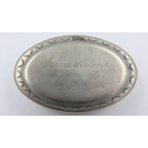 81 - 1901 dated oval silver plated snuff box with inscription, L: 70 mm. UK P&P Group 1 (£16+VAT for the ... 