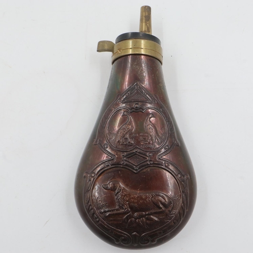 89 - Brass mounted copper powder flask, H: 15 cm. UK P&P Group 1 (£16+VAT for the first lot and £2+VAT fo... 