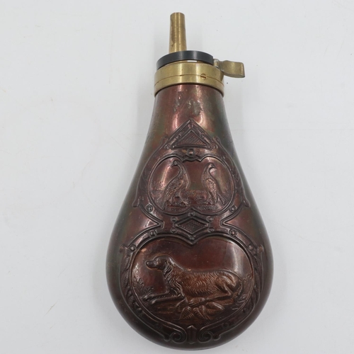 89 - Brass mounted copper powder flask, H: 15 cm. UK P&P Group 1 (£16+VAT for the first lot and £2+VAT fo... 