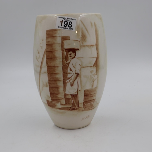 198 - Anthony Cartlidge vase with pottery worker to the front and a bottle kiln to the rear, H: 24 cm. UK ... 