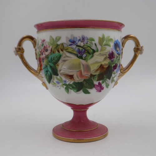 220 - Unmarked French twin handled vase, with floral decorated panels. H: 21cm. UK P&P Group 2 (£20+VAT fo... 