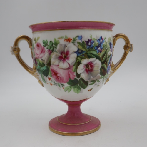 220 - Unmarked French twin handled vase, with floral decorated panels. H: 21cm. UK P&P Group 2 (£20+VAT fo... 