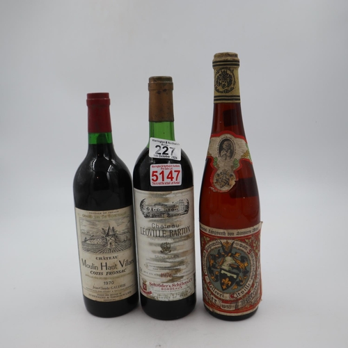 227 - Bottle of Moulin Haut Villars 1970 with a bottle of Chateau Leoville Barton 1976, and a bottle of El... 