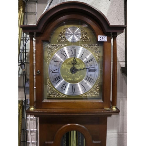 269 - Cornish made reproduction mahogany cased longcase clock, Westminster chiming, H: 185cm. Not availabl... 