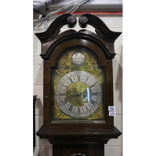 270 - George III mahogany long case clock with 45 cm brass and silvered dial, with corner mask and scroll ... 