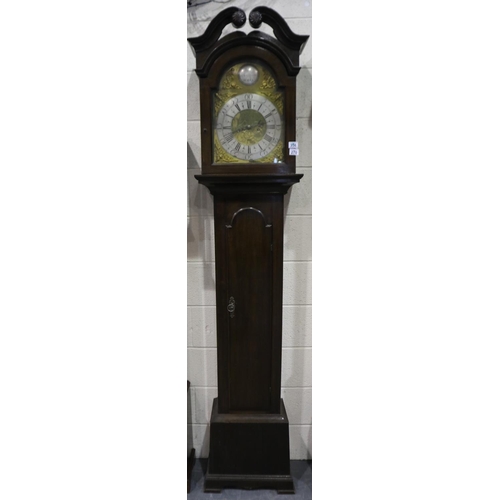 270 - George III mahogany long case clock with 45 cm brass and silvered dial, with corner mask and scroll ... 