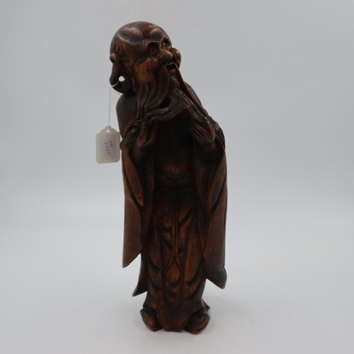 246A - Hardwood Chinese figure of a elderly gentleman with long bread, H: 45 cm, with glass eyes. Not avail... 