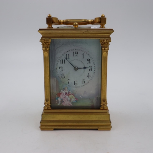 273 - Large French gilt brass and porcelain striking and repeating carriage clock, painted panels to sides... 