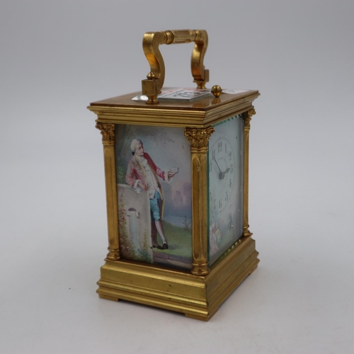 273 - Large French gilt brass and porcelain striking and repeating carriage clock, painted panels to sides... 