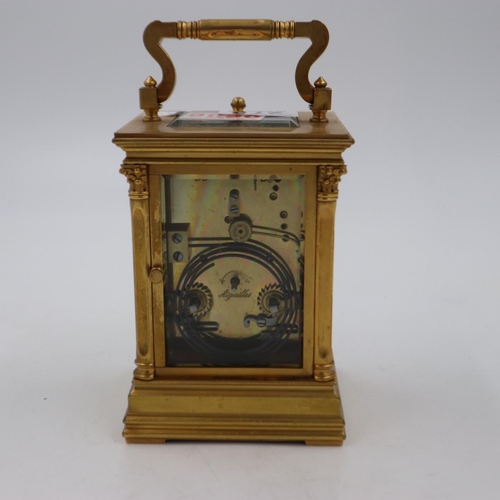 273 - Large French gilt brass and porcelain striking and repeating carriage clock, painted panels to sides... 