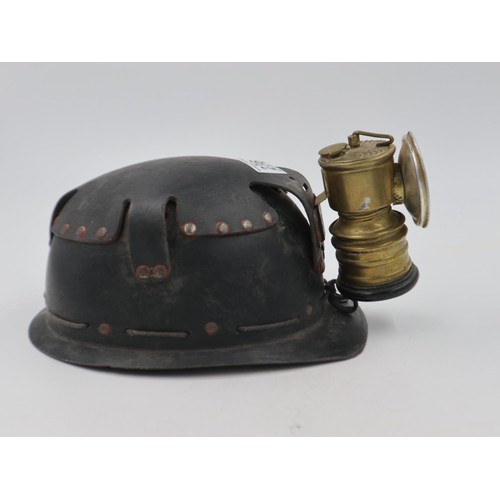 236 - Vintage miners helmet with fitted premier brass lamp to the front. UK P&P Group 3 (£30+VAT for the f... 