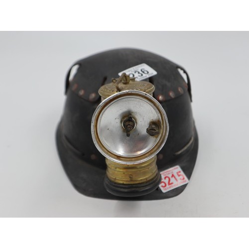 236 - Vintage miners helmet with fitted premier brass lamp to the front. UK P&P Group 3 (£30+VAT for the f... 