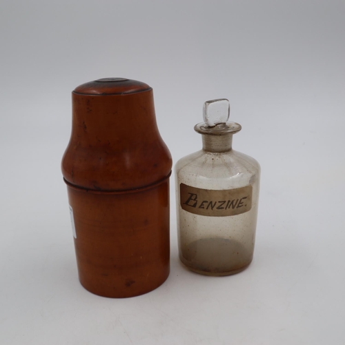 245B - Glass apothecary bottle in a fruit wood case, H: 15 cm. UK P&P Group 1 (£16+VAT for the first lot an... 