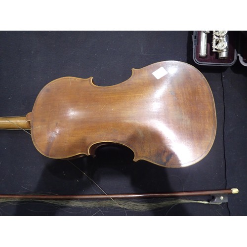 123 - 19th century violin and bow, un-named, for restoration. Not available for in-house P&P