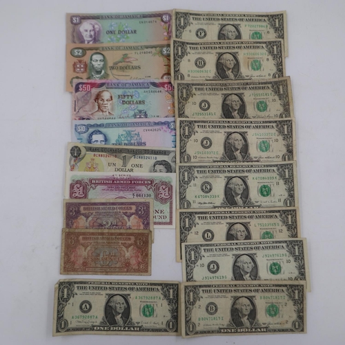 2050 - Mixed banknotes including Jamaican, Canadian and American examples. UK P&P Group 1 (£16+VAT for the ... 