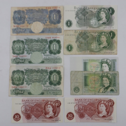 2051 - Seven £1 notes including a Peppiatt blue example and two ten shilling notes. UK P&P Group 1 (£16+VAT... 