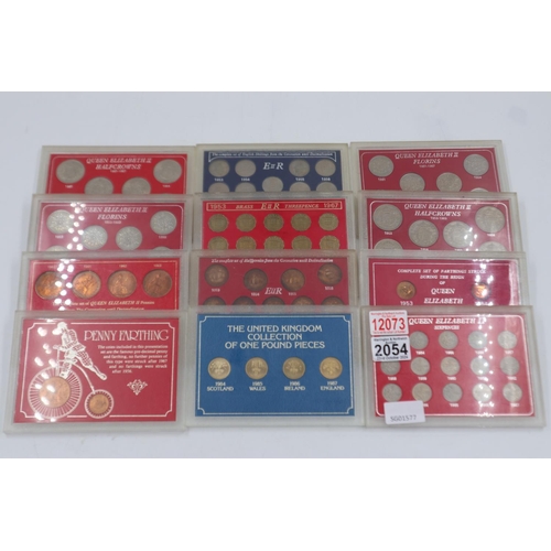 2054 - Twelve QEII cased coin sets, farthings to pound coins. UK P&P Group 1 (£16+VAT for the first lot and... 