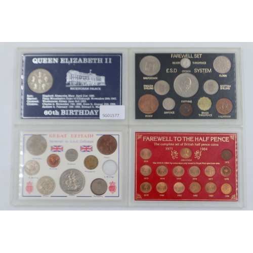 2067 - Four UK coin sets, Farwell to £SD (2), Farewell to the Half-Pence, and QEII 60th birthday. UK P&P Gr... 