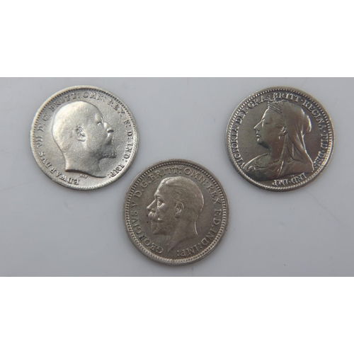 2078 - Three silver threepences in gVF grades - Victoria, Edward VII and George V. UK P&P Group 0 (£6+VAT f... 