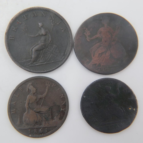 2084 - Four early halfpennies, 1754, 1775, 1807 and 1861. UK P&P Group 1 (£16+VAT for the first lot and £2+... 