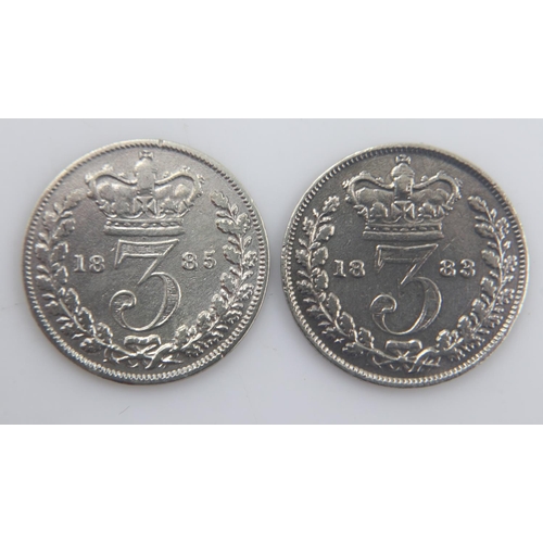 2087 - 1883 and 1885 - silver bun head threepences of queen Victoria - gF. UK P&P Group 0 (£6+VAT for the f... 