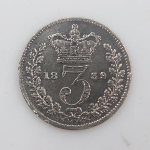 2206 - 1839 - silver threepence of queen Victoria - nEF toned. UK P&P Group 0 (£6+VAT for the first lot and... 